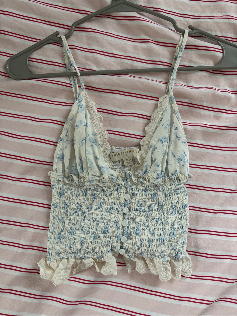 Light Blue Floral Smocked Lace-Trim Cami Top